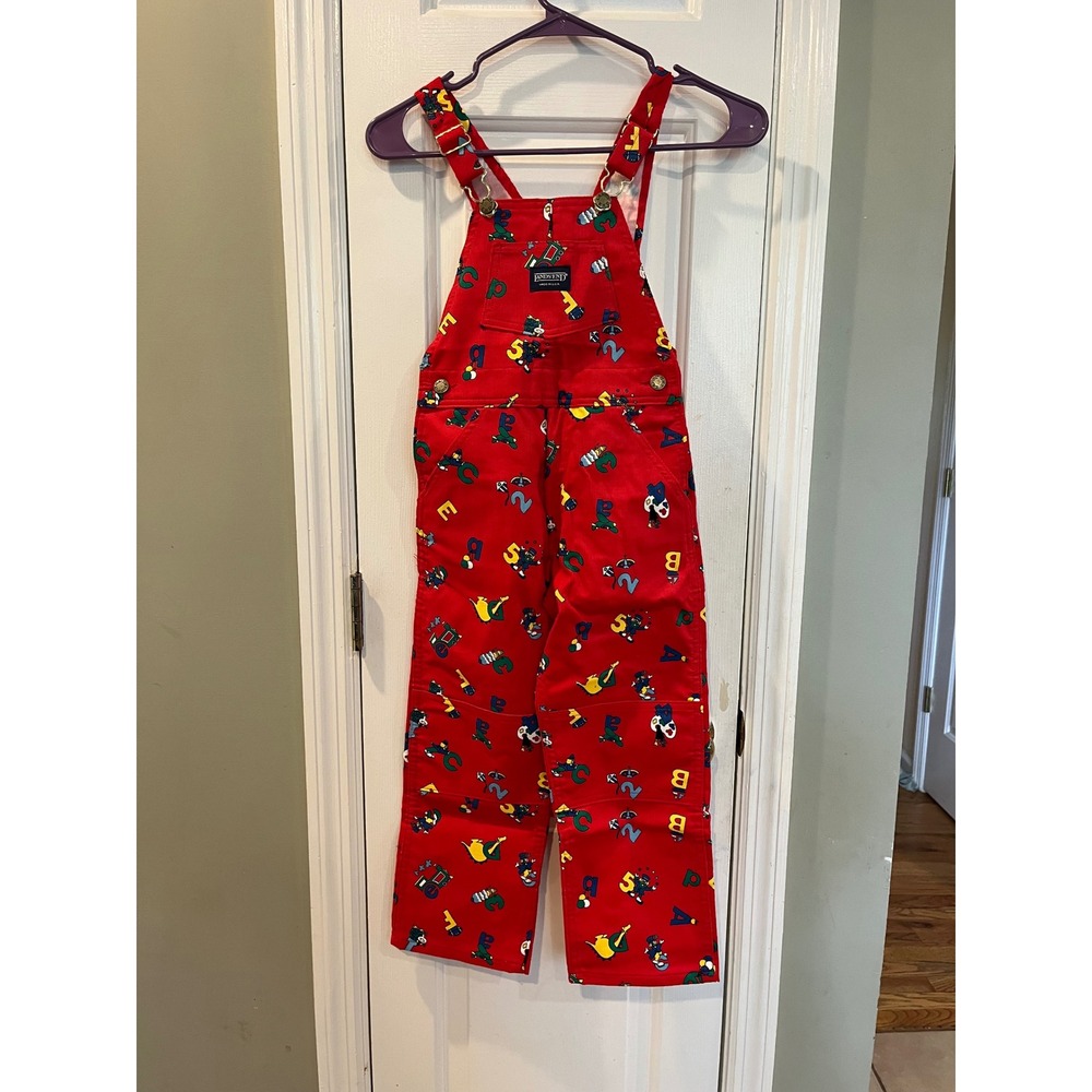 Vintage Lands End Kids Red Corduroy Alphabet Numbers Overalls Made in USA Size 6